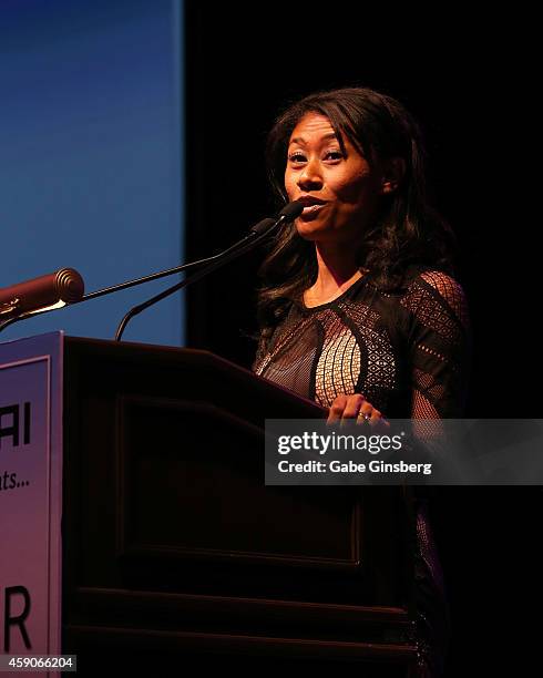 Honoree and attorney Patricia Lee accepts the Lili Claire Spirit of Leadership award during Live Your Passion Celebrity Benefit at The Venetian Las...