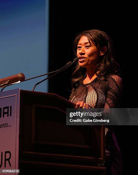 Honoree and attorney Patricia Lee accepts the Lili Claire Spirit of Leadership award during Live Your Passion Celebrity Benefit at The Venetian Las...