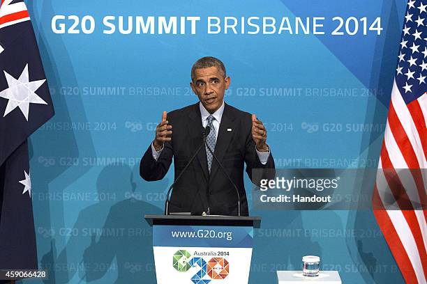 In this handout photo provided by the G20 Australia, U.S. President Barack Obama addresses the media at a press conference at the conclusion of the...