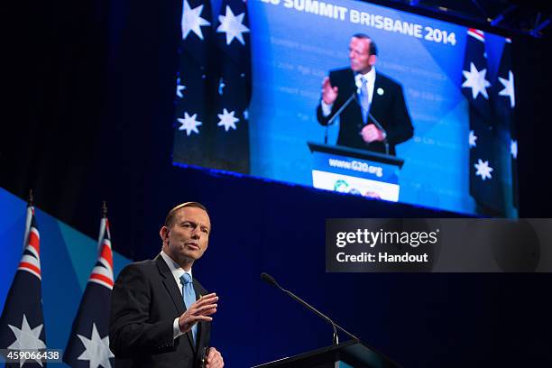 In this handout photo provided by the G20 Australia, Australian Prime Minister Tony Abbott addresses the media at a press conference at the...