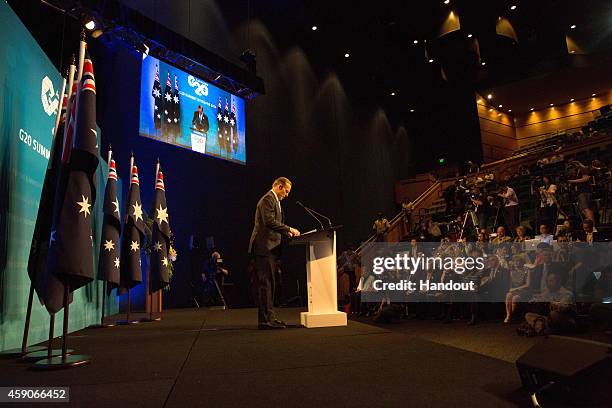 In this handout photo provided by the G20 Australia, Australian Prime Minister Tony Abbott addresses the media at a press conference at the...