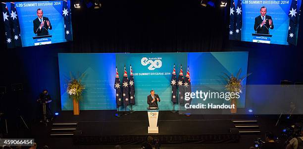 In this handout photo provided by the G20 Australia, Australian Prime Minister Tony Abbott addresses the media at a press conference at the...