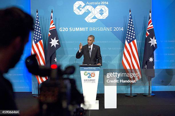 In this handout photo provided by the G20 Australia, U.S. President Barack Obama addresses the media at a press conference at the conclusion of the...