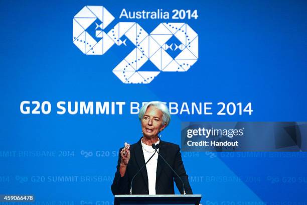 In this handout photo provided by the G20 Australia, IMF Managing Director Christine Lagarde addresses the media at a press conference at the...