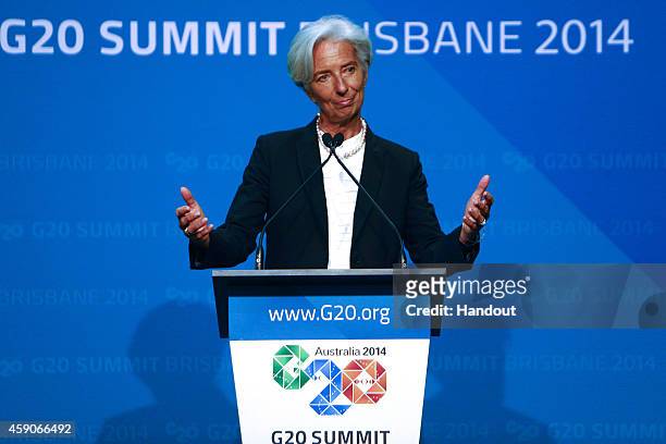 In this handout photo provided by the G20 Australia, IMF Managing Director Christine Lagarde addresses the media at a press conference at the...