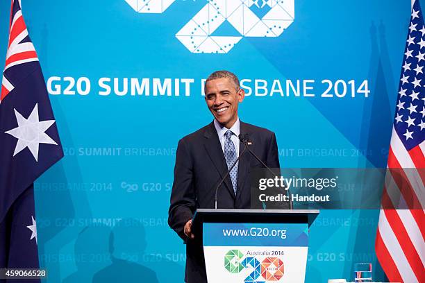 In this handout photo provided by the G20 Australia, U.S. President Barack Obama addresses the media at a press conference at the conclusion of the...