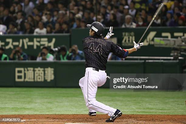 Yuki Yanagita of Samurai Japan hits a double in the sixth inning during the game four of Samurai Japan and MLB All Stars at Tokyo Dome on November...