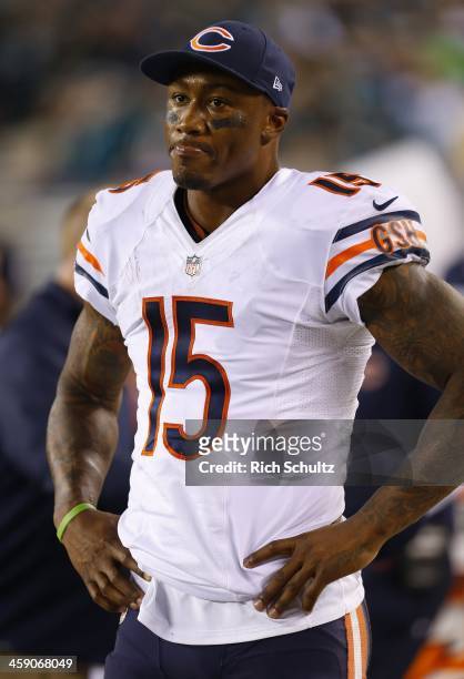 Wide receiver Brandon Marshall of the Chicago Bears looks on during the closing moments of their 54-11 loss to the Philadelphia Eagles in a game at...