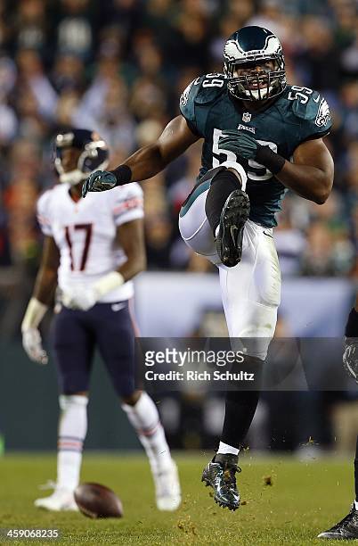 Linebacker DeMeco Ryans of the Philadelphia Eagles reacts after breaking up a pass intended for wide receiver Alshon Jeffery during the third quarter...