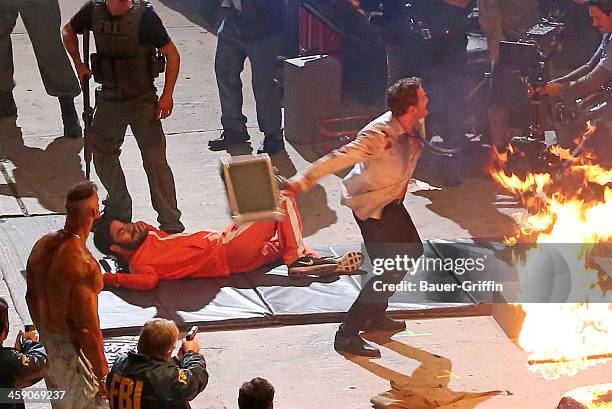 Chris Pine, Matthew Willig and Patrick Wilson are seen filming scenes for 'Stretch' on July 17, 2013 in Los Angeles, California.