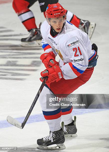 Konstantin Okulov of Team Russia skates against Team OHL during the 2014 Subway Super Series at the Peterborough Memorial Centre on November 13, 2014...