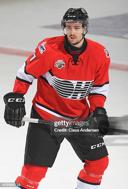 Ben Harpur of Team OHL skates against Team Russia during the 2014 Subway Super Series at the Peterborough Memorial Centre on November 13, 2014 in...