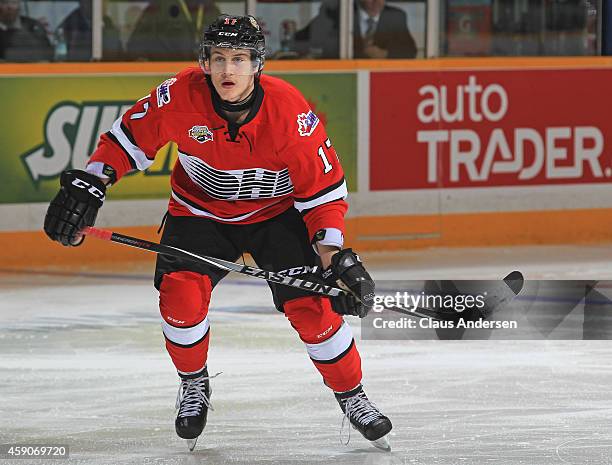 Tyler Bertuzzi of Team OHL skates against Team Russia during the 2014 Subway Super Series at the Peterborough Memorial Centre on November 13, 2014 in...