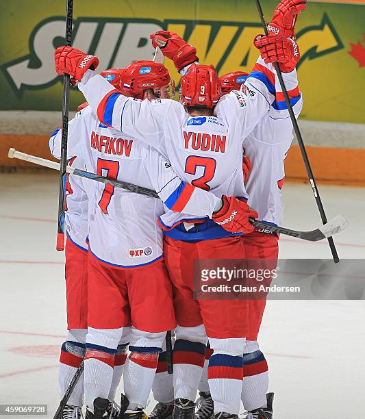 Rushan Rafikov of Team Russia celebrates a goal against Team OHL during the 2014 Subway Super Series at the Peterborough Memorial Centre on November...
