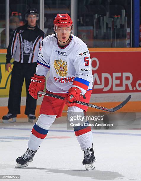 Damir Sharipzyanov of Team Russia skates against Team OHL during the 2014 Subway Super Series at the Peterborough Memorial Centre on November 13,...