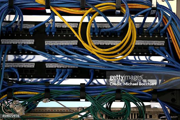 Network cables are plugged in a server room on November 10, 2014 in New York City. U.S. President Barack Obama called on the Federal Communications...