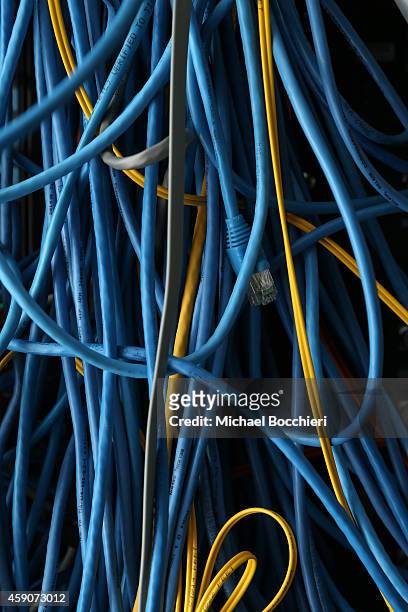 Network cables are plugged in a server room on November 10, 2014 in New York City. U.S. President Barack Obama called on the Federal Communications...