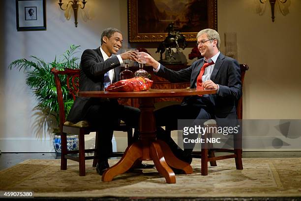 Woody Harrelson" Episode 1668 -- Pictured: Jay Pharoah as President Obama and Taran Killam as Senator Mitch McConnell during the "A Drink at the...