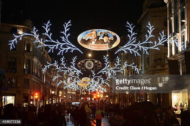 General view of the Regent Street Christmas Lights sponsored by "Night At The Museum; Secret Of The Tomb" after being switched on by Take That at...