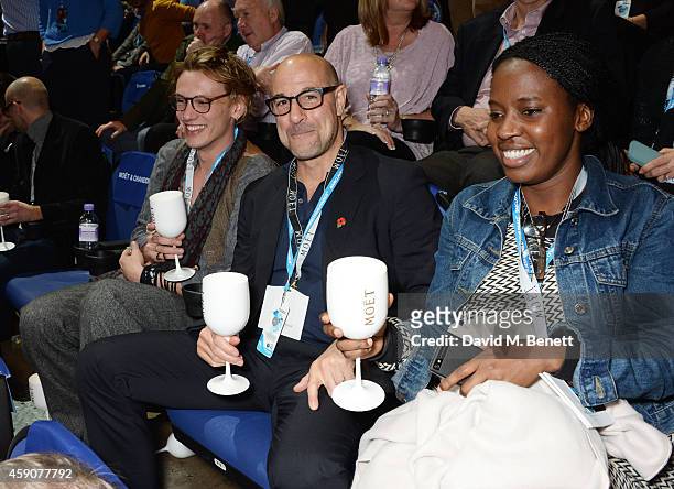 Jamie Campbell Bower, Stanley Tucci and Sofia Davis toast with Moet & Chandon, the champagne of celebration and tennis, to the winner of the 2014...