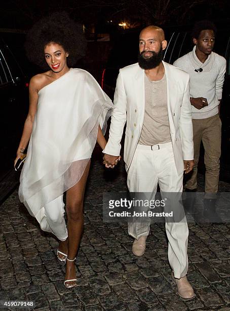 Musician Solange Knowles and her fiancee, music video director Alan Ferguson , arrive for their rehearsal dinner at the Felicity Street Methodist...