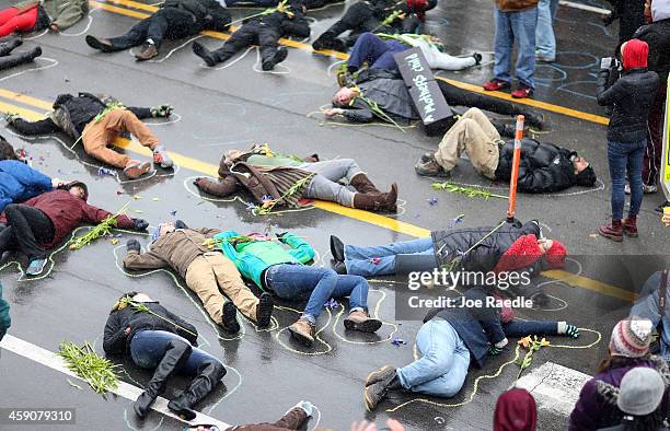 Demonstrators lay on the ground in a mock death protest of the shooting death of Michael Brown by a Ferguson police officer on November 16, 2014 in...
