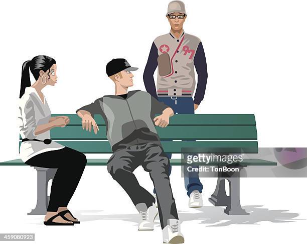 three young people hang around - bench stock illustrations