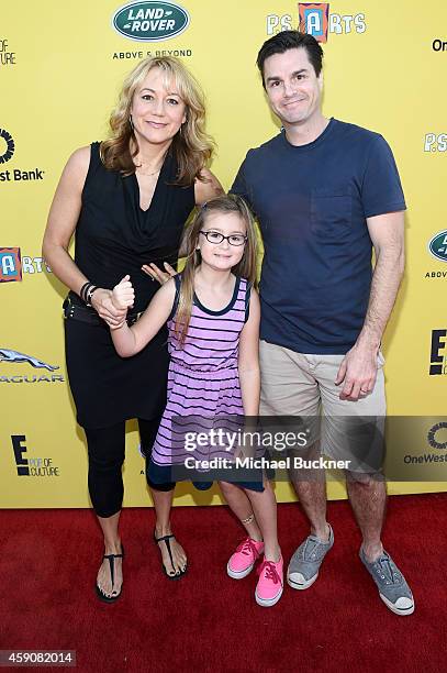 Actress Megyn Price, Grace Price and Dr. Edward Cotner attend P.S. ARTS presents Express Yourself 2014 with sponsors OneWest Bank and Jaguar Land...