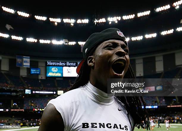 Dre Kirkpatrick of the Cincinnati Bengals celebrates after their win over the New Orleans Saints after the game at Mercedes-Benz Superdome on...