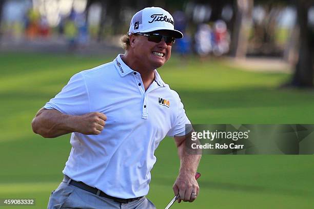 Charley Hoffman of the United States celebrates after putting out on the 18th hole to win the final round of the OHL Classic at the Mayakoba El...