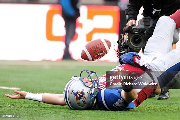 Tanner Marsh of the Montreal Alouettes celebrates his touchdown during the CFL Eastern Division Semi-Final game against the BC Lions at Percival...