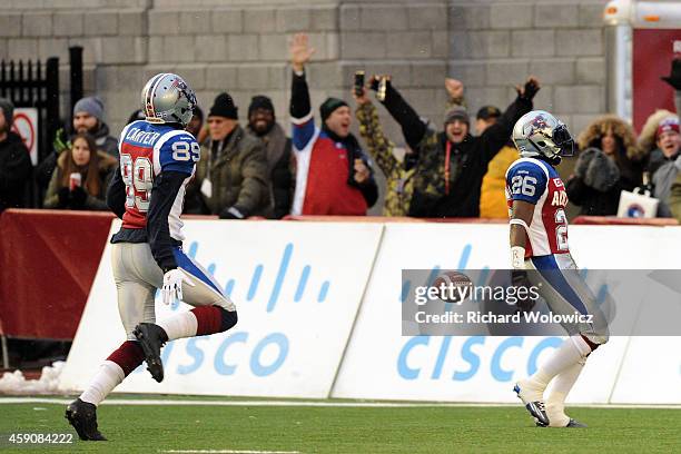 Cord Parks of the BC Lions celebrates his touchdown during the CFL Eastern Division Semi-Final game against the BC Lions at Percival Molson Stadium...