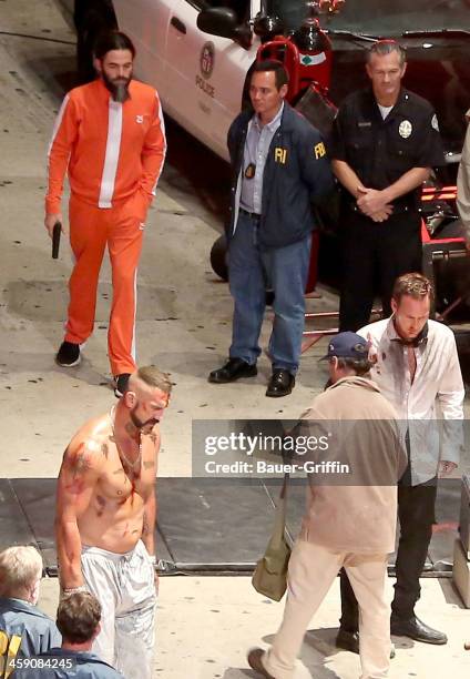 Chris Pine, Matthew Willig and Patrick Wilson are seen filming scenes for 'Stretch' on July 17, 2013 in Los Angeles, California.