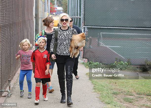 Gwen Stefani, Kingston Rossdale and Chewy go to watch kingston play soccer in Studio City on September 21, 2013 in Los Angeles, California.