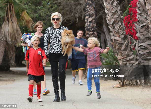 Gwen Stefani, Kingston Rossdale and Chewy go to watch kingston play soccer in Studio City on September 21, 2013 in Los Angeles, California.
