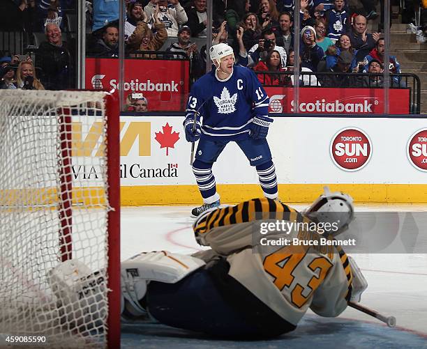 Mats Sundin celebrates his goal past Martin Biron during the Hockey Hall of Fame Legends Classic Game at the Air Canada Centre on November 16, 2014...
