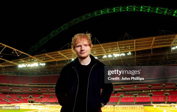 Singer Ed Sheeran poses before announcing his huge headlining show for Friday 10 July 2015 as part of his 'X' world tour at Wembley Stadium, on...