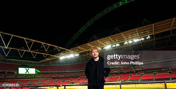 Singer Ed Sheeran poses before announcing his huge headlining show for Friday 10 July 2015 as part of his 'X' world tour at Wembley Stadium, on...