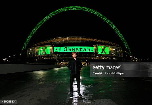 Singer Ed Sheeran poses before announcing his huge headlining show for Friday 10 July 2015 as part of his 'X' world tour at Wembley Stadium, on...