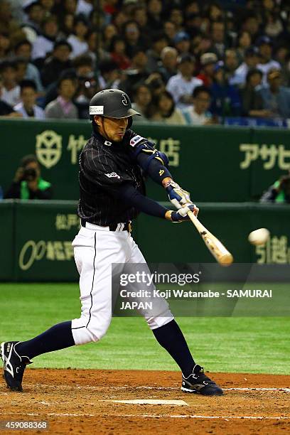 Ryosuke Kikuchi of Samurai Japan during the game four of Samurai Japan and MLB All Stars at Tokyo Dome on November 16, 2014 in Tokyo, Japan.