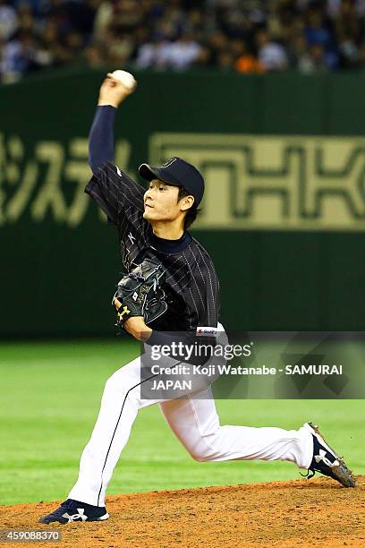 Shota Takeda of Samurai Japan. Pitches in the seventh inning during the game four of Samurai Japan and MLB All Stars at Tokyo Dome on November 16,...