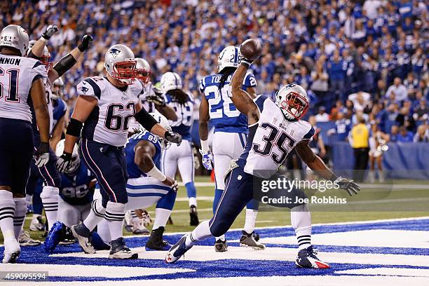 Jonas Gray of the New England Patriots celebrates a touchdown against the Indianapolis Colts during the second quarter of the game at Lucas Oil...