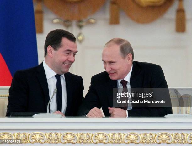 Russian Prime Minister Dmitry Medvedev and President Vladimir Putin attend the session of the State Council in the Grand Kremlin Palace on December...