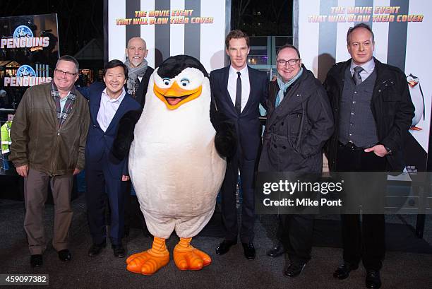 Eric Darnell, Ken Jeong, John Malkovich, Benedict Cumberbatch, Simon Smith, and Tom McGrath attend the "Penguins Of Madagascar" New York Premiere at...