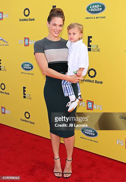 Amanda Righetti and Knox Addison Alan attend P.S. ARTS presents Express Yourself 2014 with sponsors OneWest Bank and Jaguar Land Rover at Barker...