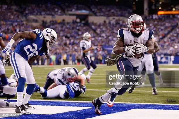 Jonas Gray of the New England Patriots scores a touchdown against the Indianapolis Colts during the fourth quarter of the game at Lucas Oil Stadium...