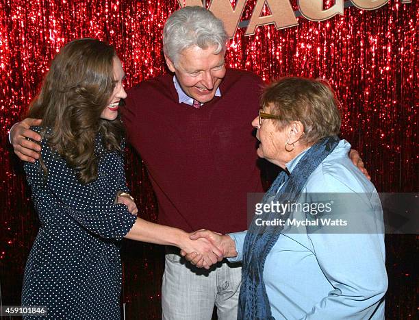 Actor Laura Osnes, Tony Sheldon and Singer Helen Reddy attend "The Band Wagon" Closing Night Party at New York City Center on November 16, 2014 in...
