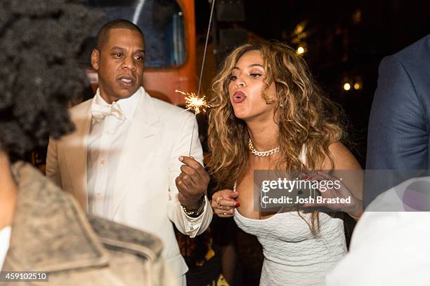 Jay Z and Beyonce Knowles attend the secondline following sister Solange Knowles and her new husband, music video director Alan Ferguson's wedding on...