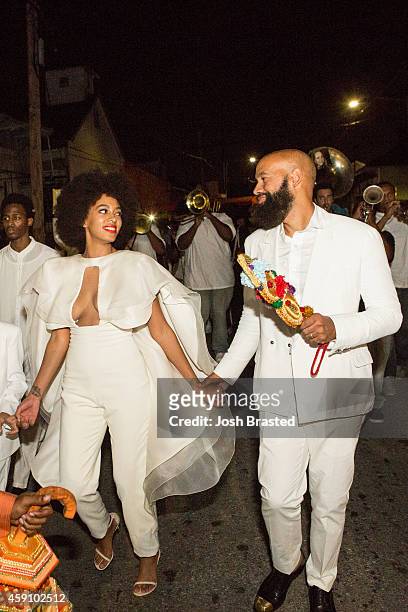 Musician Solange Knowles and her new husband, music video director Alan Ferguson, attend the secondline with family and friends following their...