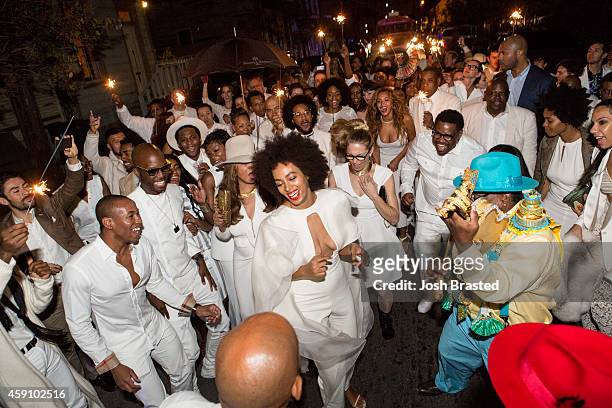 Musician Solange Knowles and her new husband, music video director Alan Ferguson second line in the streets of New Orleans with family and guests...